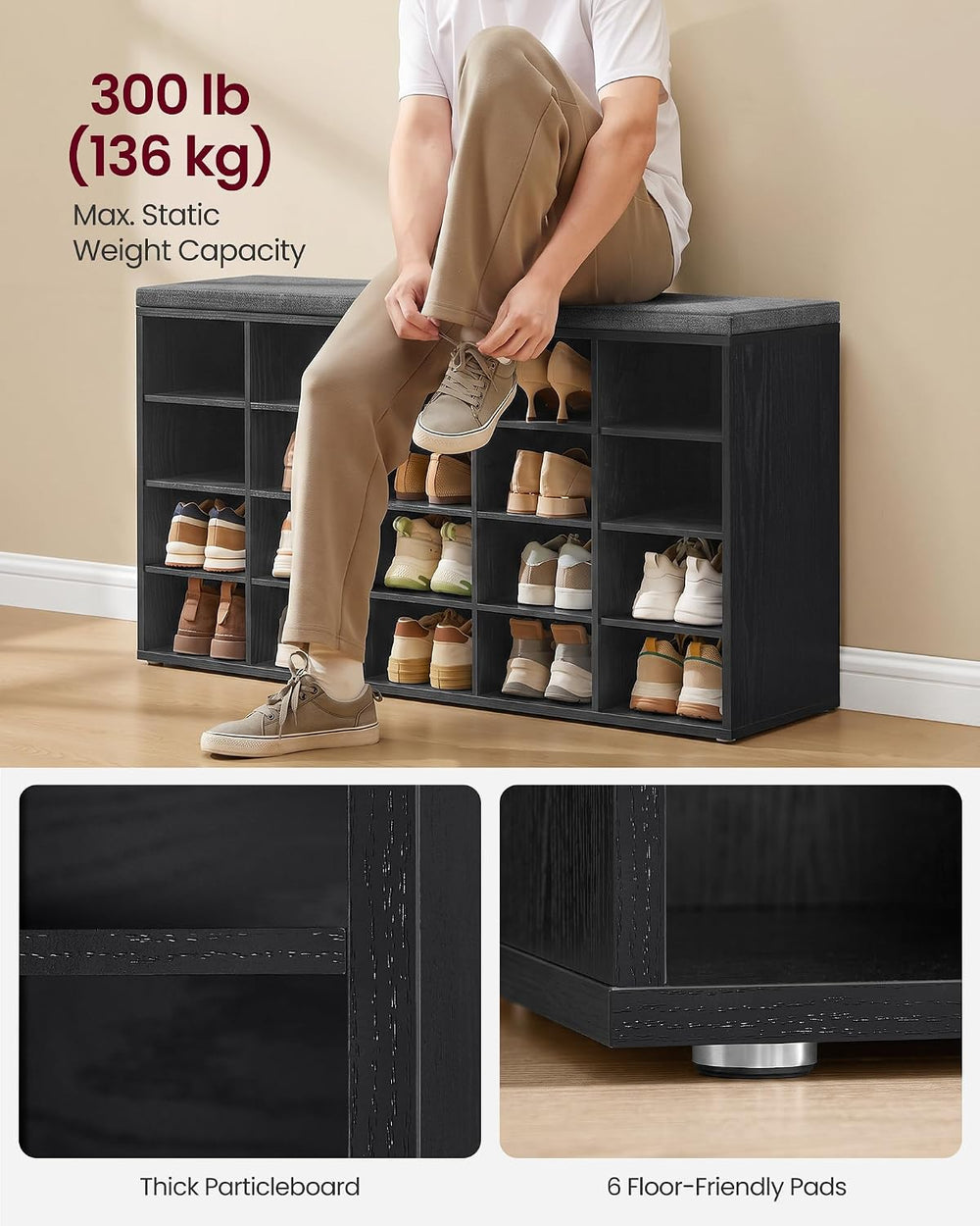 VASAGLE Shoe Bench with Cushion, 20 Compartments, 12 x 47.2 x 24.7 Inches | E...