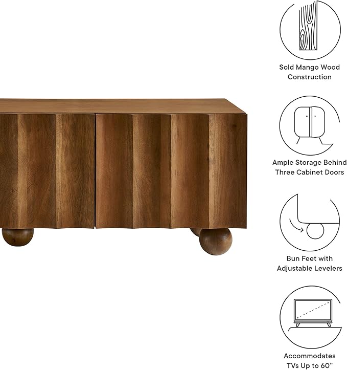 Modway Sorren 54 Inch Scalloped TV Stand in Walnut – 3 Door Media Console Cab...