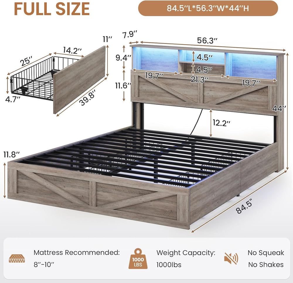 VIAGDO Farmhouse Bed Frame Full Size with Bookcase Storage Headboard, Chargin...