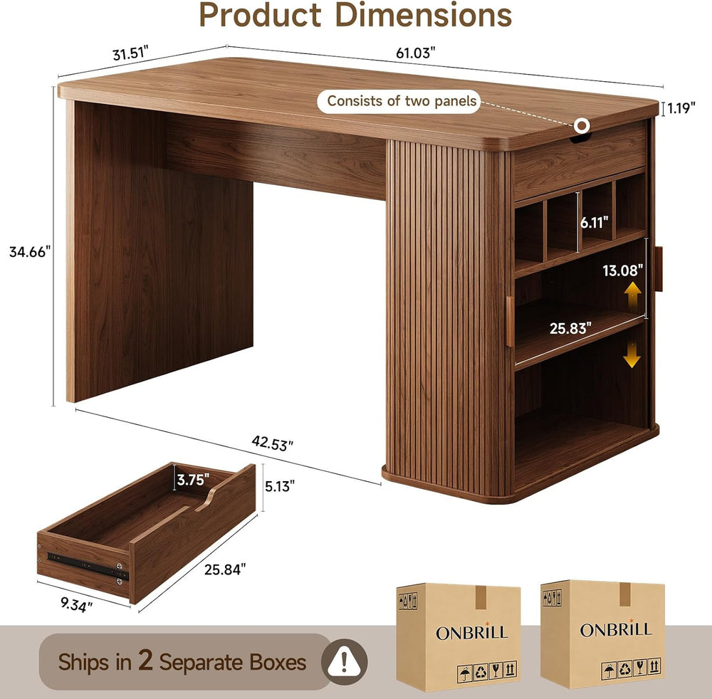 ONBRILL 61 Inch Fluted Kitchen Island with Storage Walnut | Counter Height Ta...