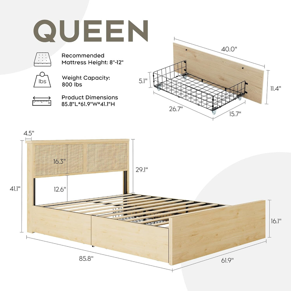 Yechen Queen Bed Frame with Natural Rattan Headboard and Wooden 4 Storage Dra...