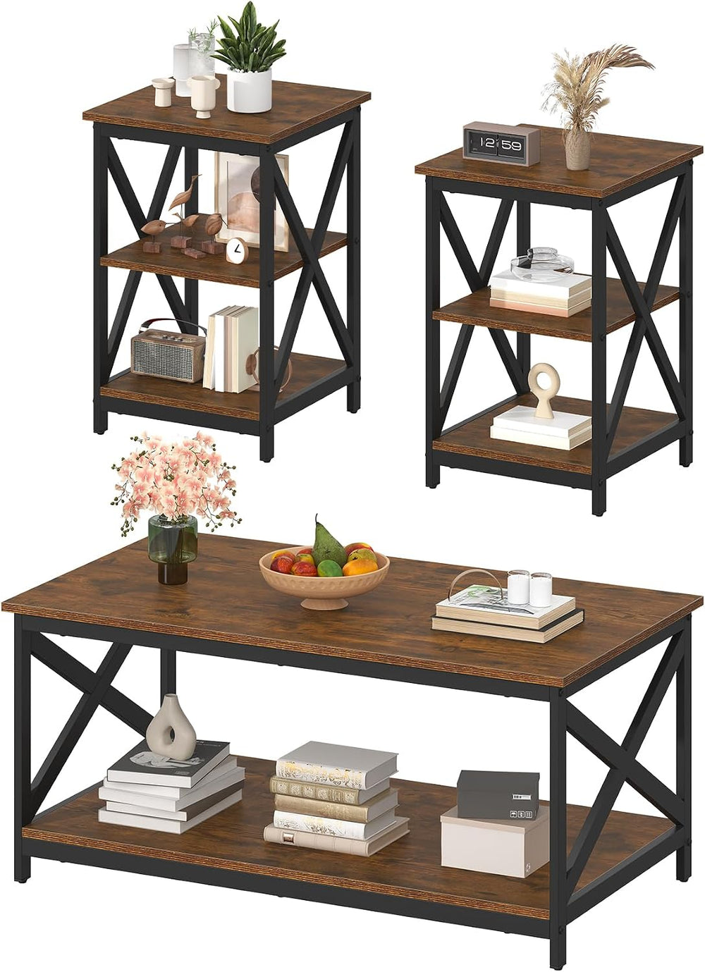 Bigbiglife Living Room Coffee Table Set of 3, Industrial X-Design Coffee Tabl...