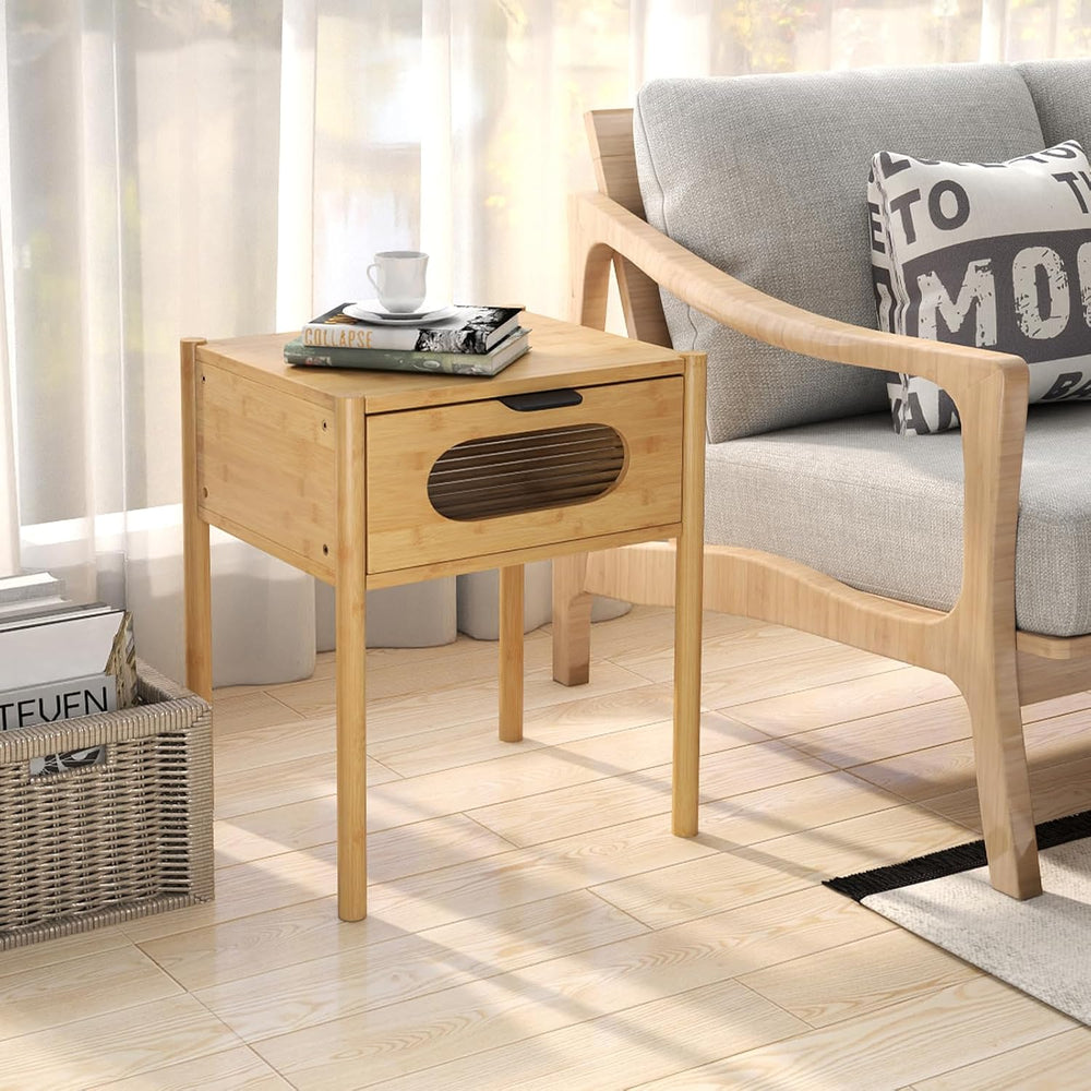 Giantex Bamboo Nightstand Set of 2, Mid Century Modern Bedside Table with Tem...
