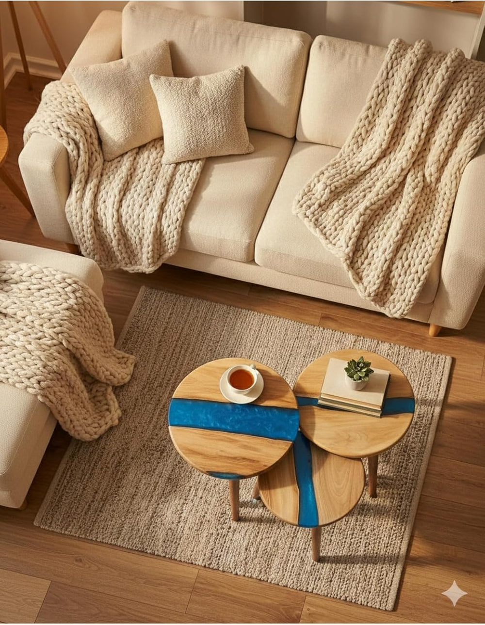 3-Piece Round Nesting Side Table Set 15.7 in | Navy Blue Epoxy & Walnut W...