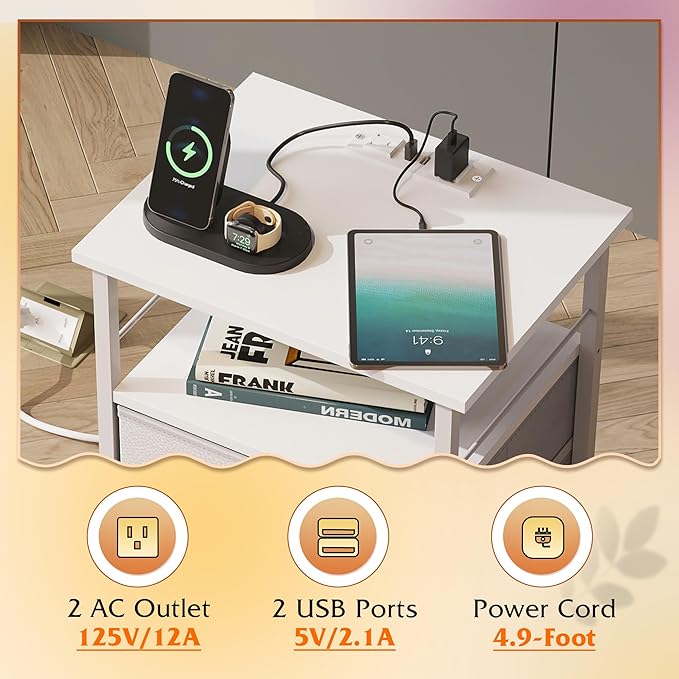 WLIVE Night Stand Set 2, White Nightstand with Charging Station, Nightstands ...