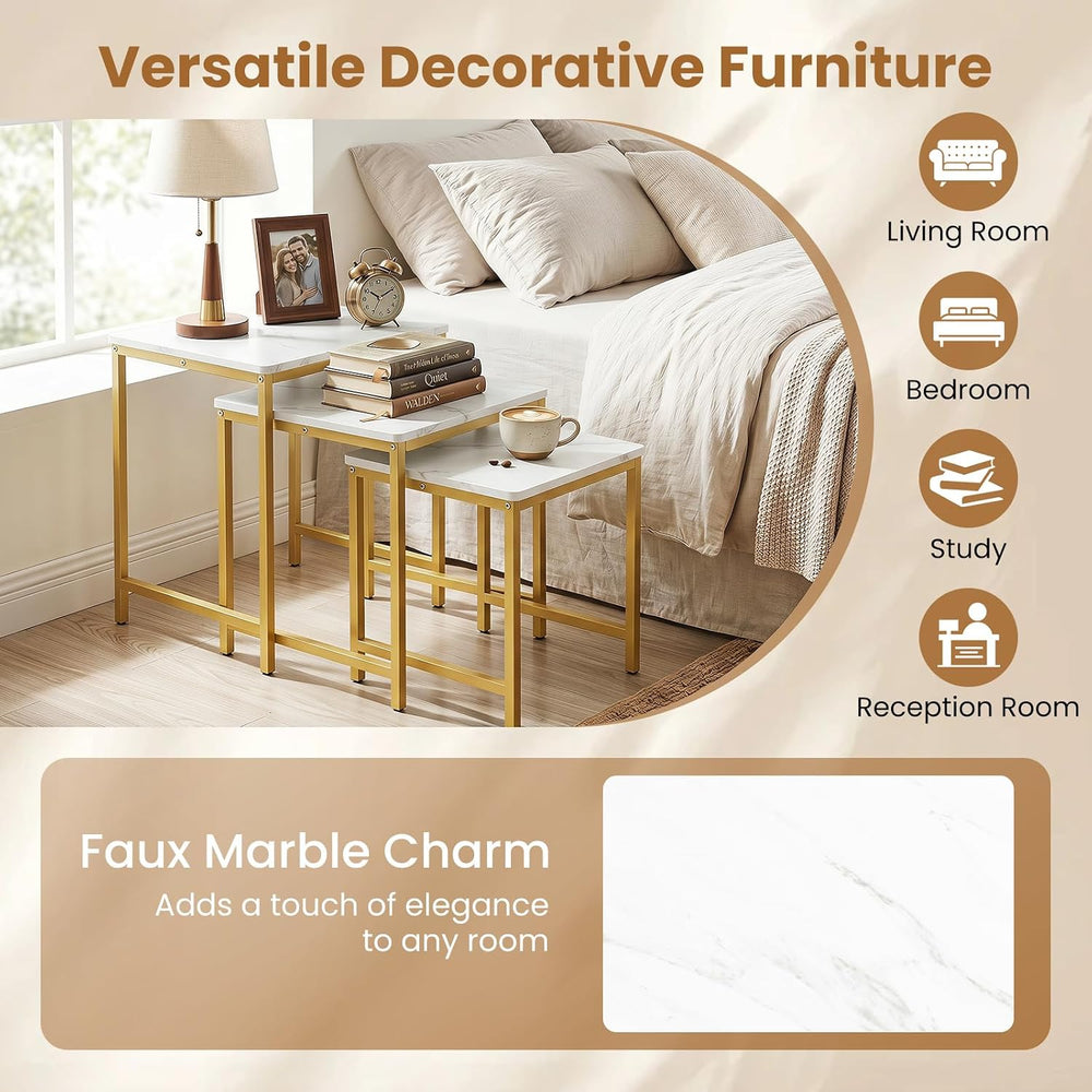 Giantex Nesting Coffee Table Set of 3, Small Center Tables, White | Faux Marb...