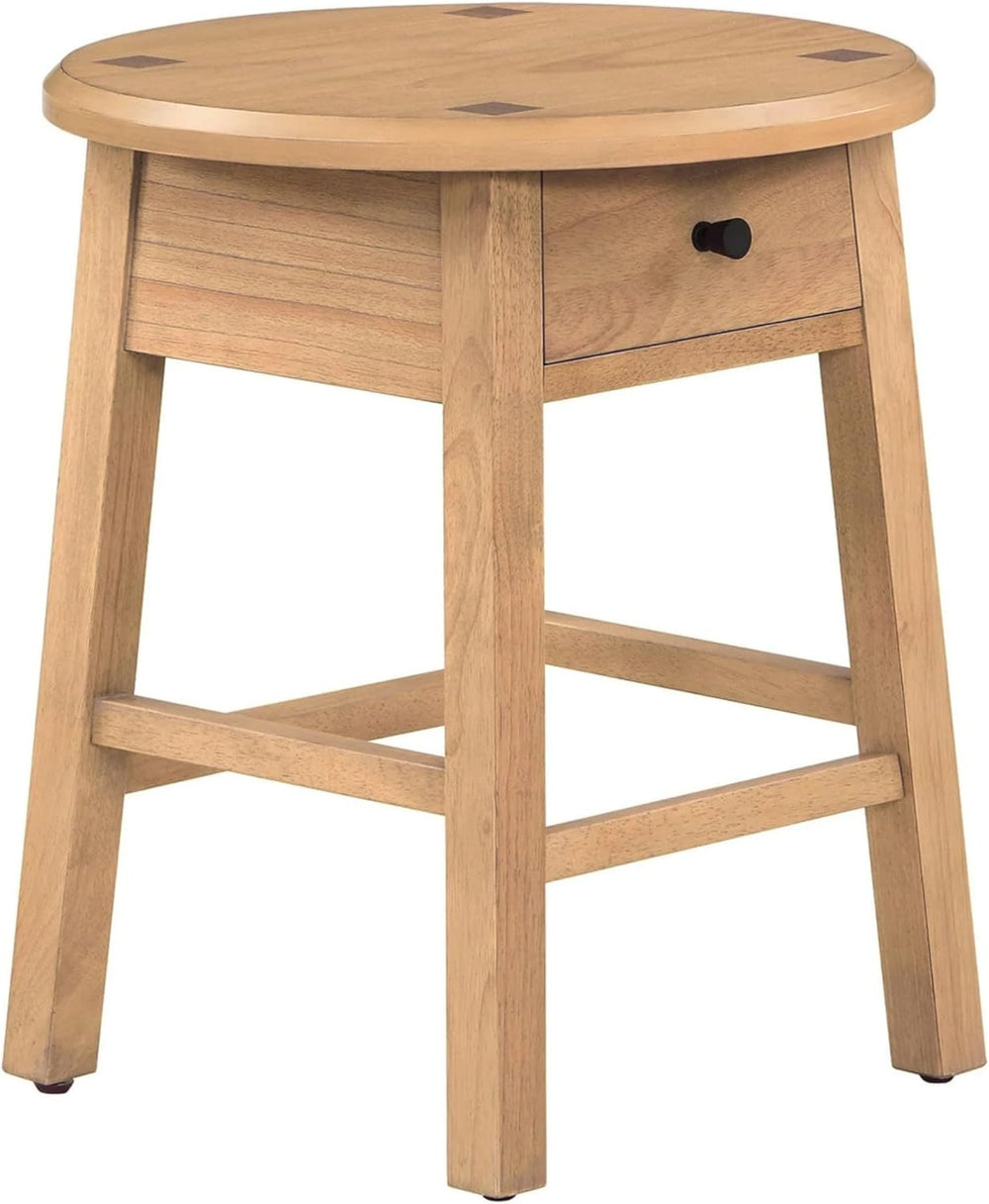 Solid Rubberwood Round Side Table with Drawer, Natural Oak Painted Finish Sof...