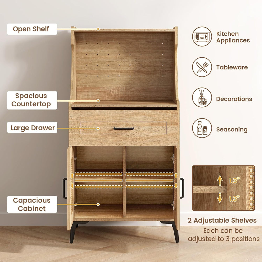 LDAILY Kitchen Pantry Cabinet, Rattan Buffet Cabinet with Hutch, DIY Pegboard...