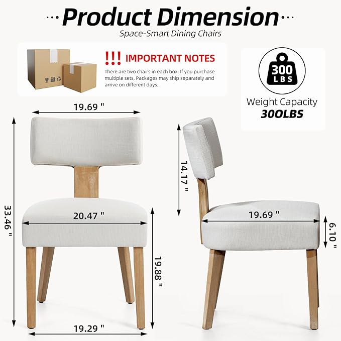 Dining Chairs, Fabric Upholstered Wood Kitchen Chairs Set of 2, Linen Curved ...