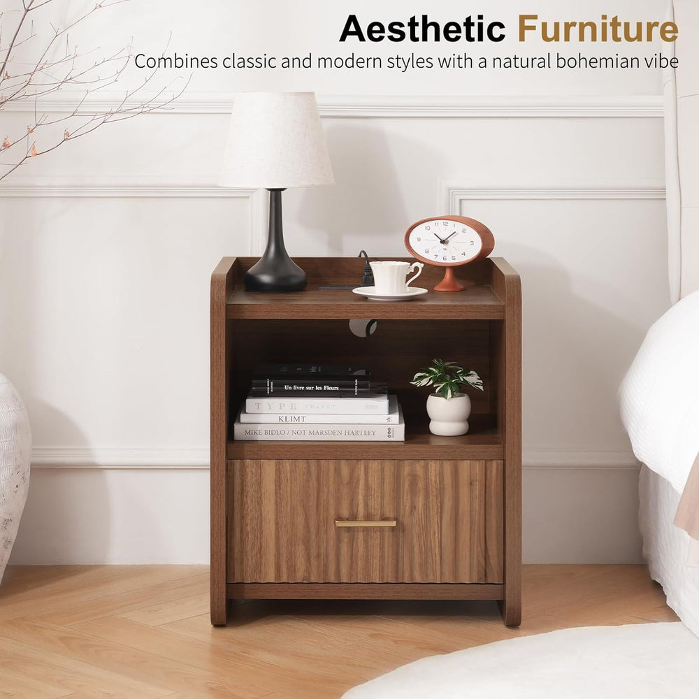 Night Stand with Charger Station - Modern Wood Nightstand with Drawer Storage...