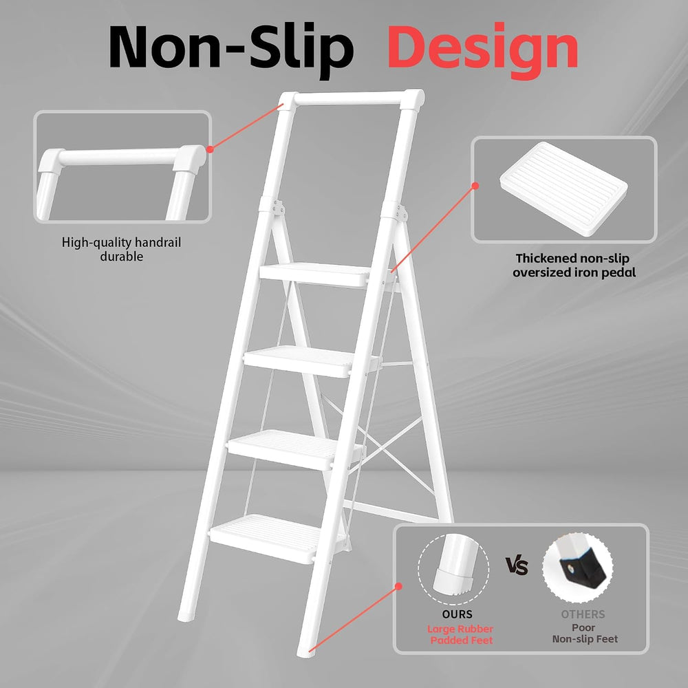 Step Ladder Foldable Folding Stool - 4 Step Stool with Wide Anti-Slip Pedal, ...