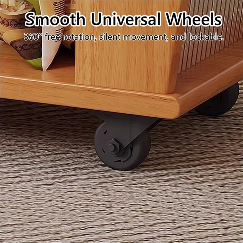 Movable Wood Side Tables with Casters, Rolling Table with Storage, Living Roo...