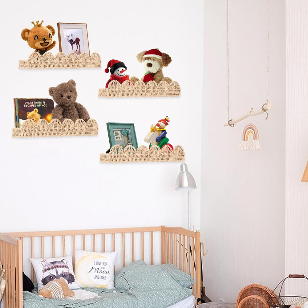 4 Pcs Scalloped Floating Shelves, Artisanal Natural Rattan Scalloped Book She...