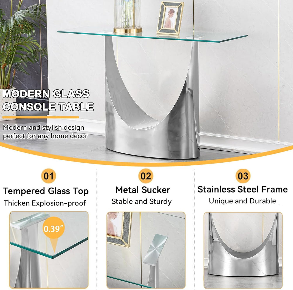 Luxury Silver Glass Console Table, Modern 47" Rectangle Entryway Table w...