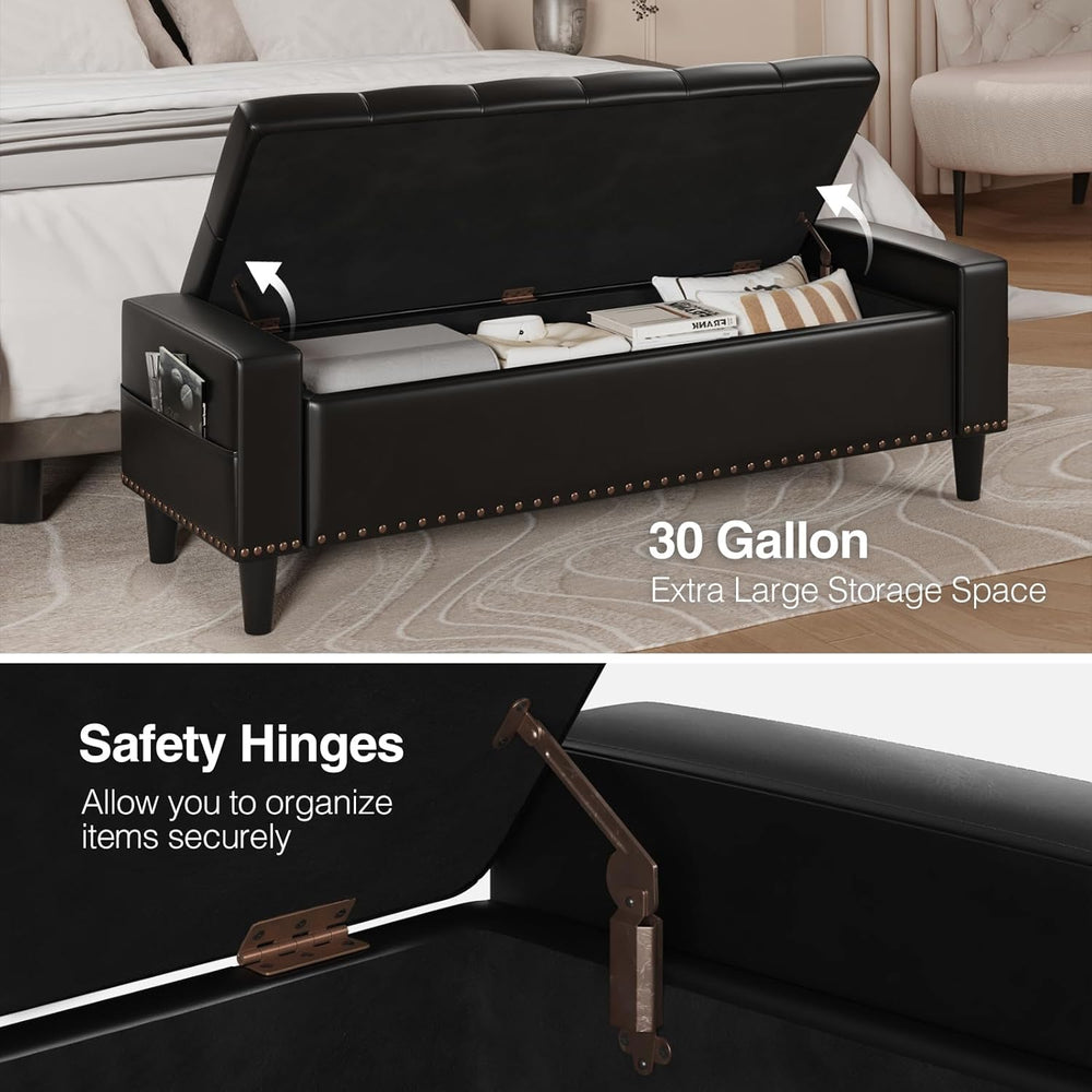60" Storage Ottoman Bench, Faux Leather Upholstered Bed Bench, Black