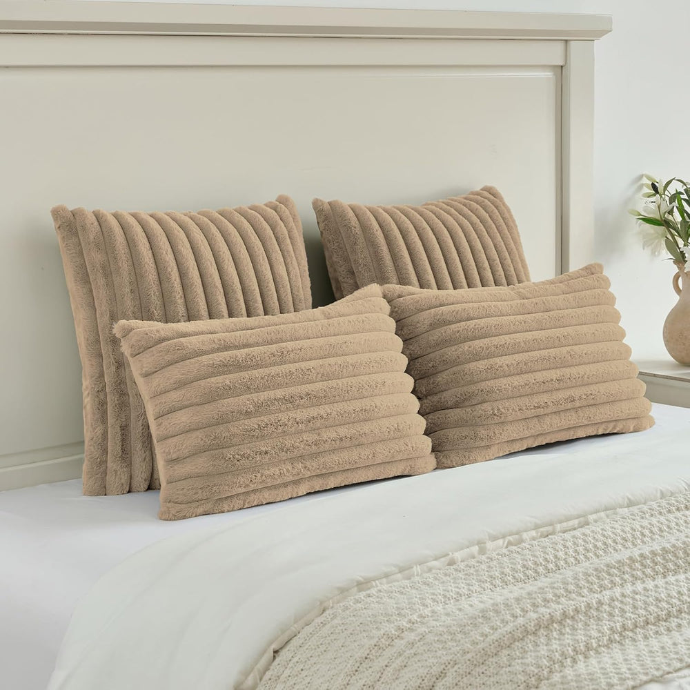 FUTEI Pack of 2 Faux Fur Throw Pillow Covers 28x28 Inch, Khaki