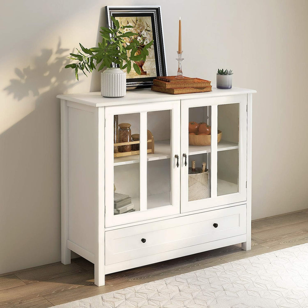 RASOO White Modern Buffet Cabinet with Double Glass Doors