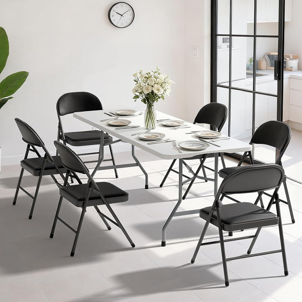 6FT White Plastic Folding Table Set with 6 Black PU Padded Chairs | Portable ...