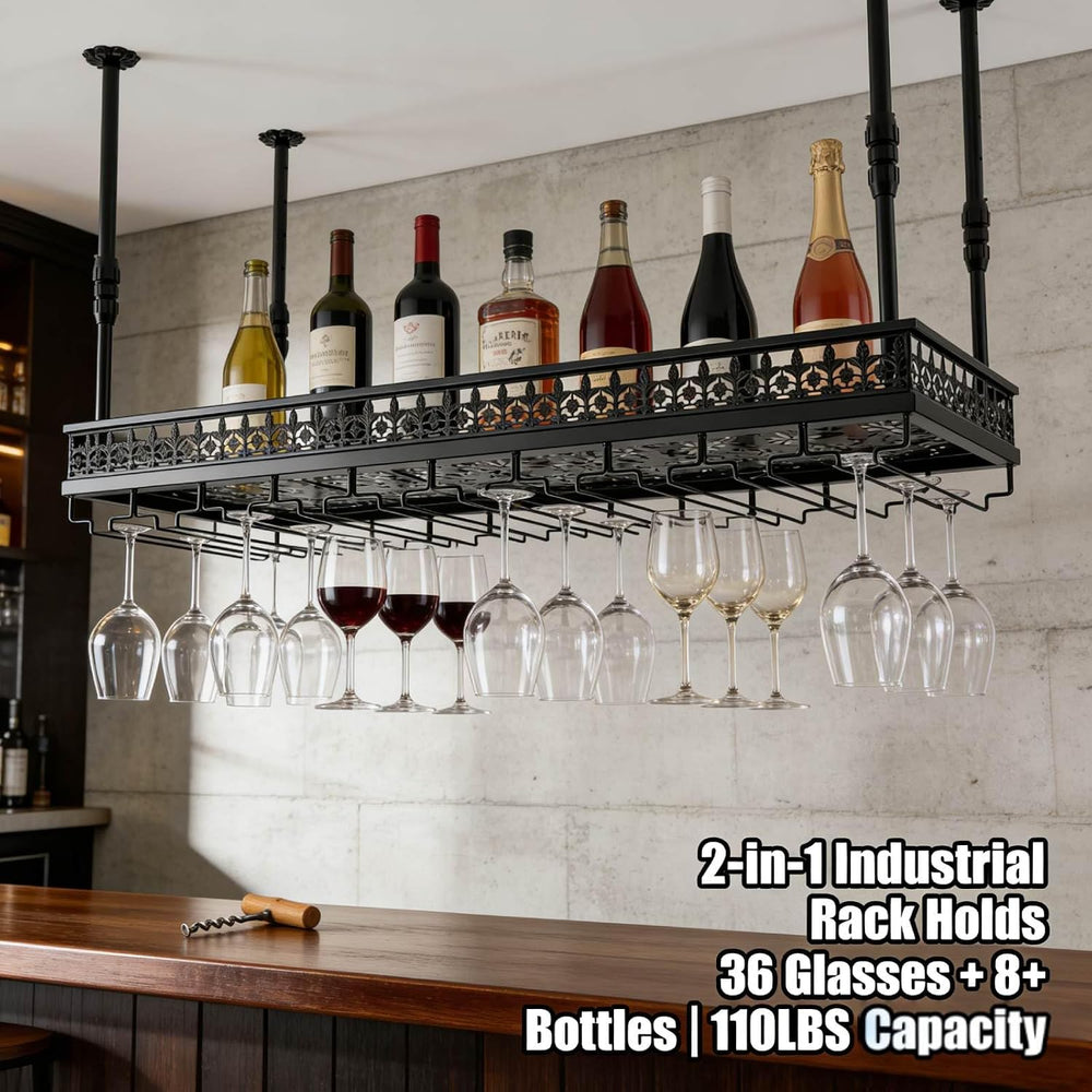 Hanging Wine Rack with Glass Holder and Shelf,Adjustable Metal Ceiling Mount ...