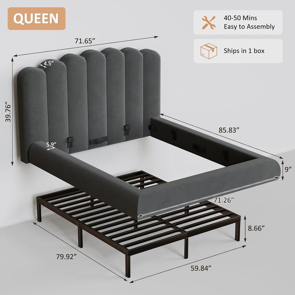 Queen Size Cloud Bed Frame with Wave Headboard, Plush Foam Upholstered Platfo...