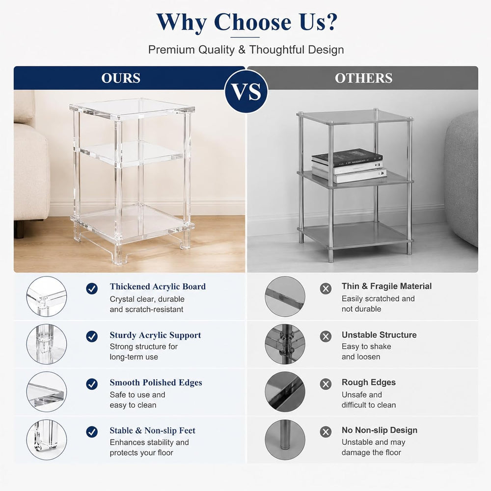 Thick Acrylic Side Shelf Table, 3-Tier Narrow Clear Acrylic End Table Nightst...
