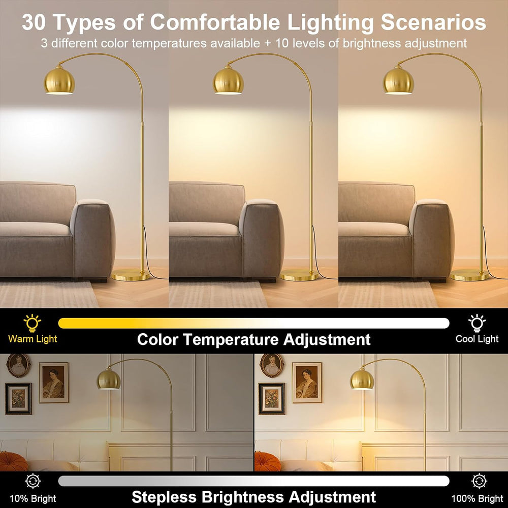 Gold Brushed Brass Arc Floor Lamps with 12W LED Remote Dimming