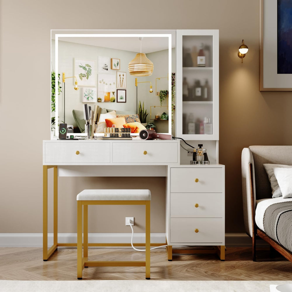 Extra Large Modern Makeup Vanity Table Set with Sliding Lighted Mirror, Charg...