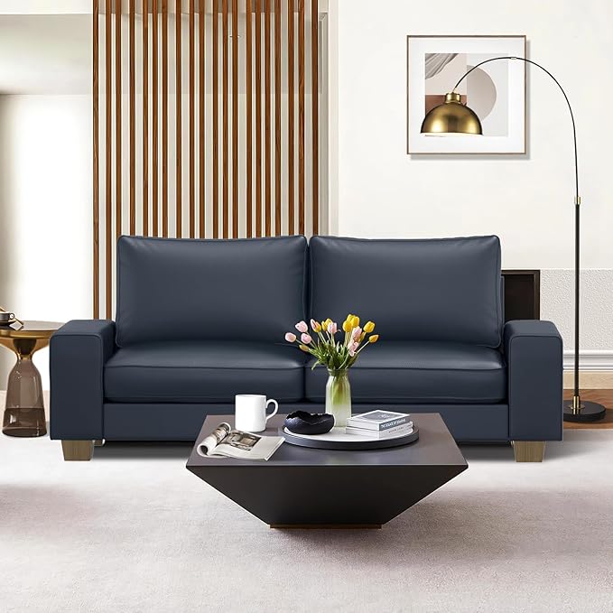 Faux Leather Couch, Mid Century Modern Comfy Loveseat Sofa with Wide Arm, Sid...