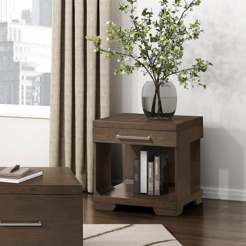 Penau Modern Rectangular End Table Espresso Finish, Dovetail Drawer with Nick...