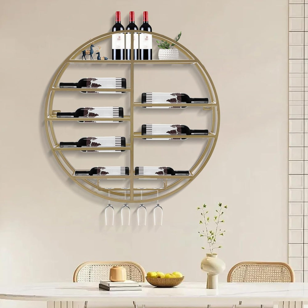 Wall Mounted Wine Rack with Glass Holder, Gold Metal Bottle Holder Round Wine...