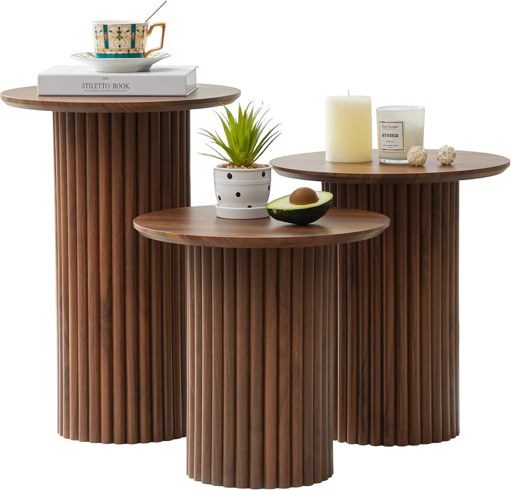 Bifins Walnut Round Nesting Coffee Table Set of 3 | Coffee and End Table Set,...