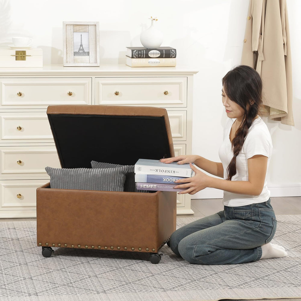 Leather Storage Ottoman,24’’Foot Rest Ottomans with Wheels and Hinged Lid Rec...