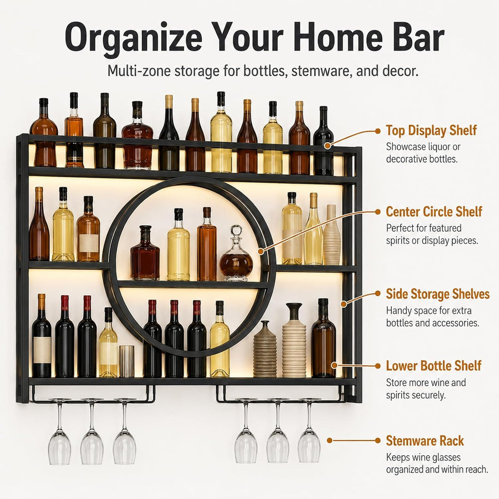 Marsui 39.4" Wall Mounted Wine Rack with LED, 3-Tier Bar Shelf, Circular...