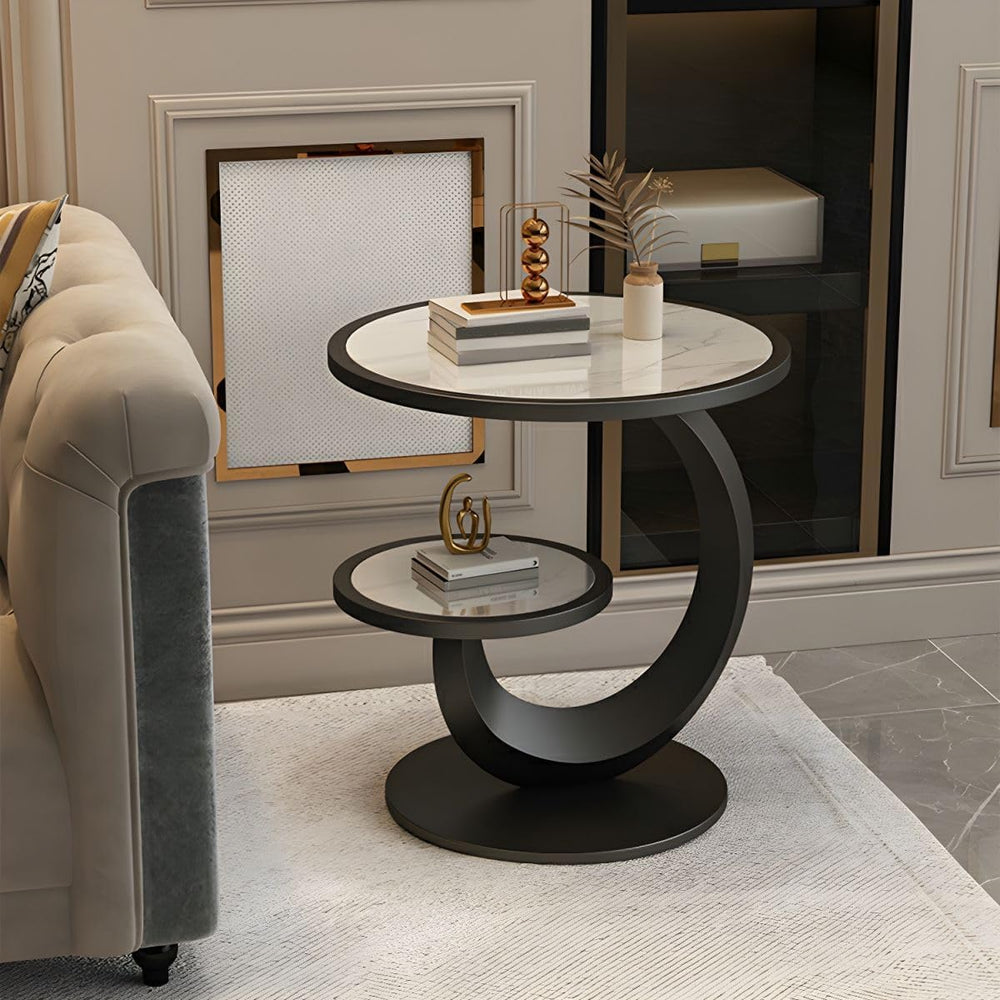 Round Stone Top Side Table with Storage Shelf - Modern End Table for Living R...