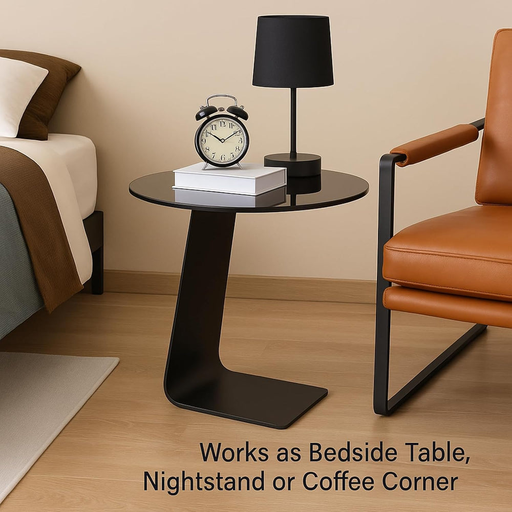 Modern C-Shaped End Table, Tempered Glass Tabletop Couch Side Table, Black Ro...