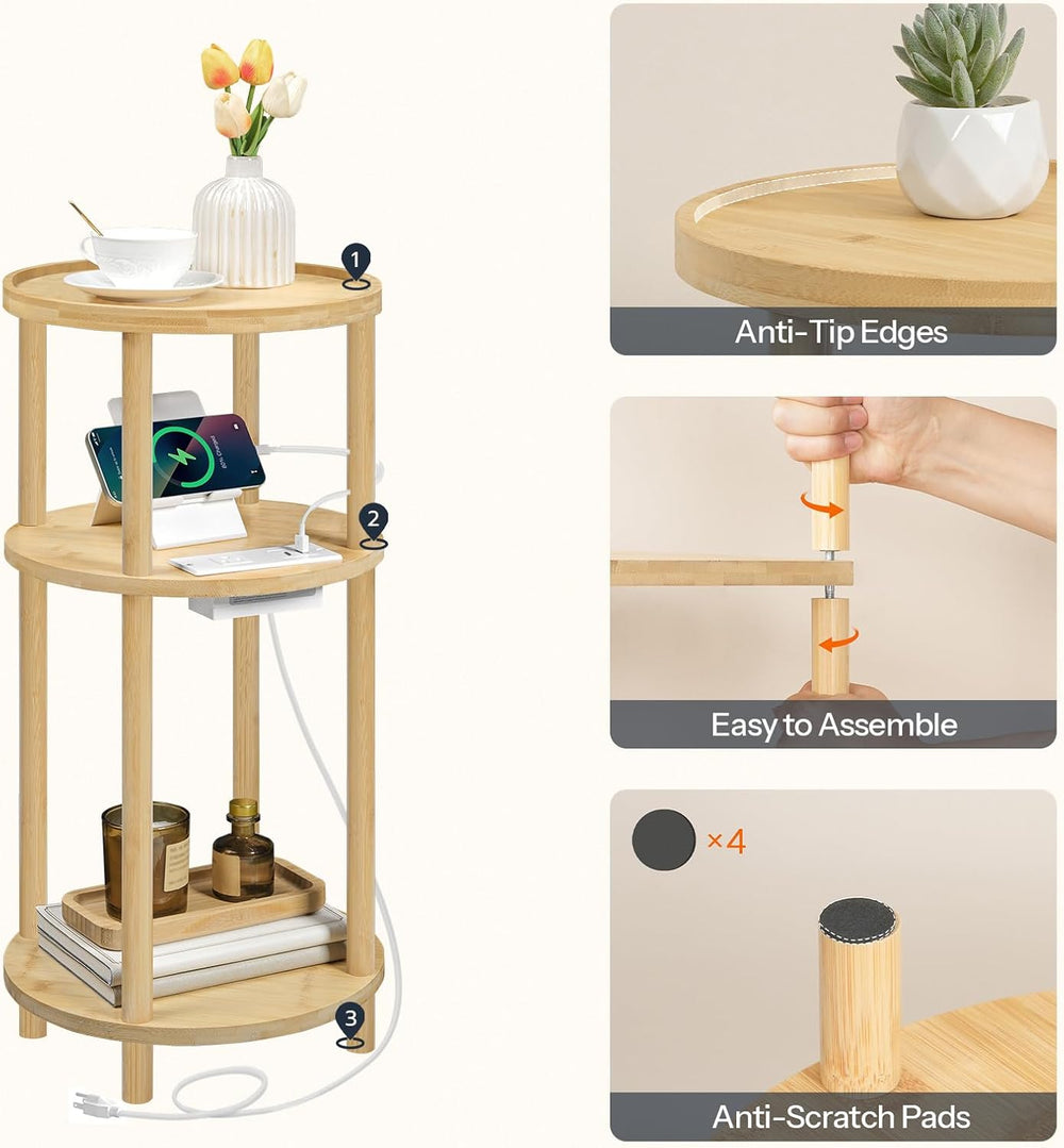 HOOBRO Small Round Side Table with Charging Station, 3-Tier Round Bamboo End ...