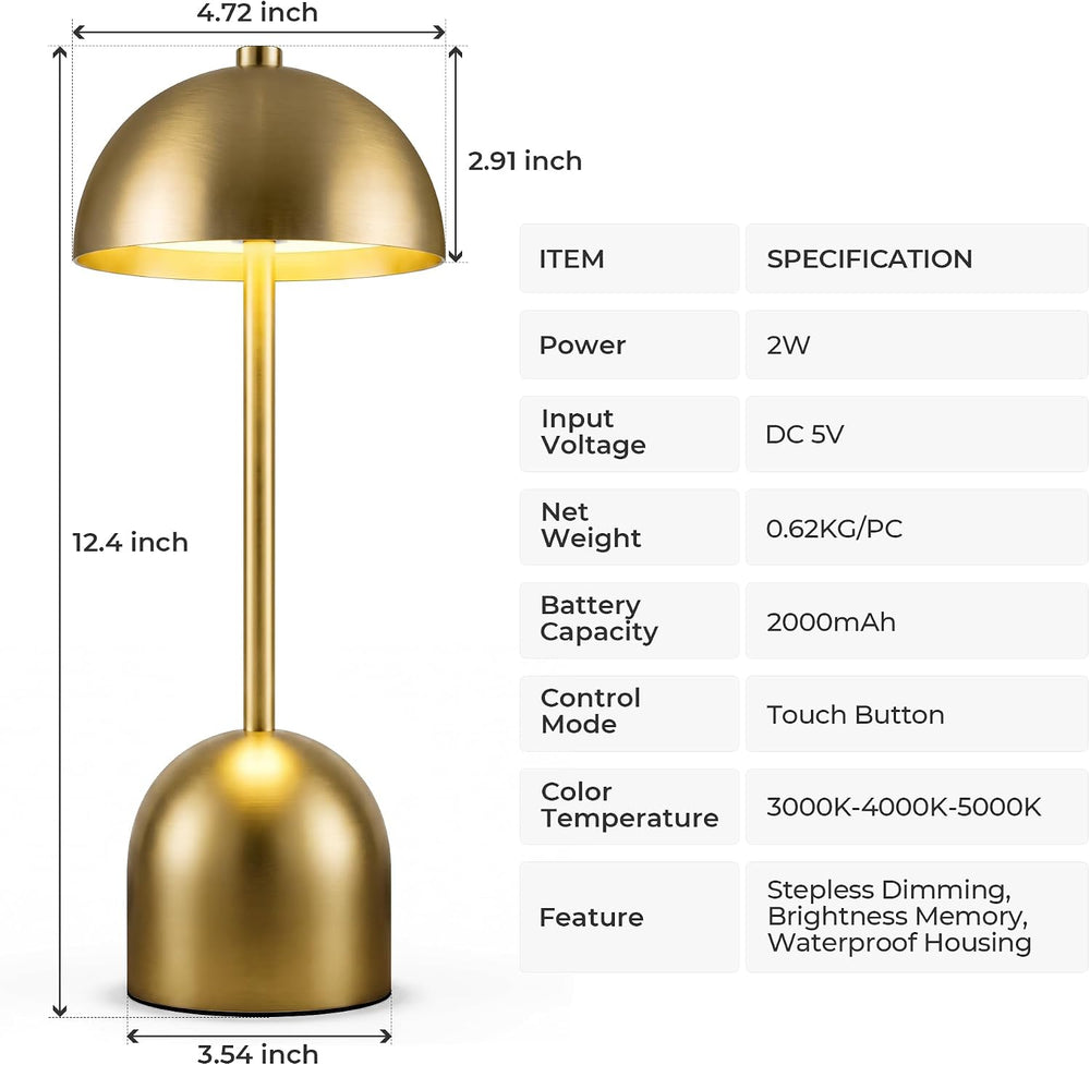 Cordless Table Lamp Rechargeable Gold 2 Pack