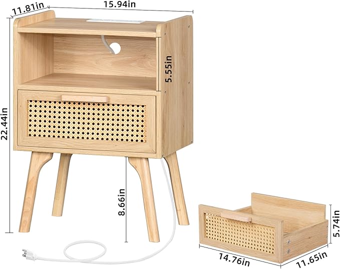 Lerliuo Rattan Nightstands Set of 2 with Charging Station, Boho Night Stand w...