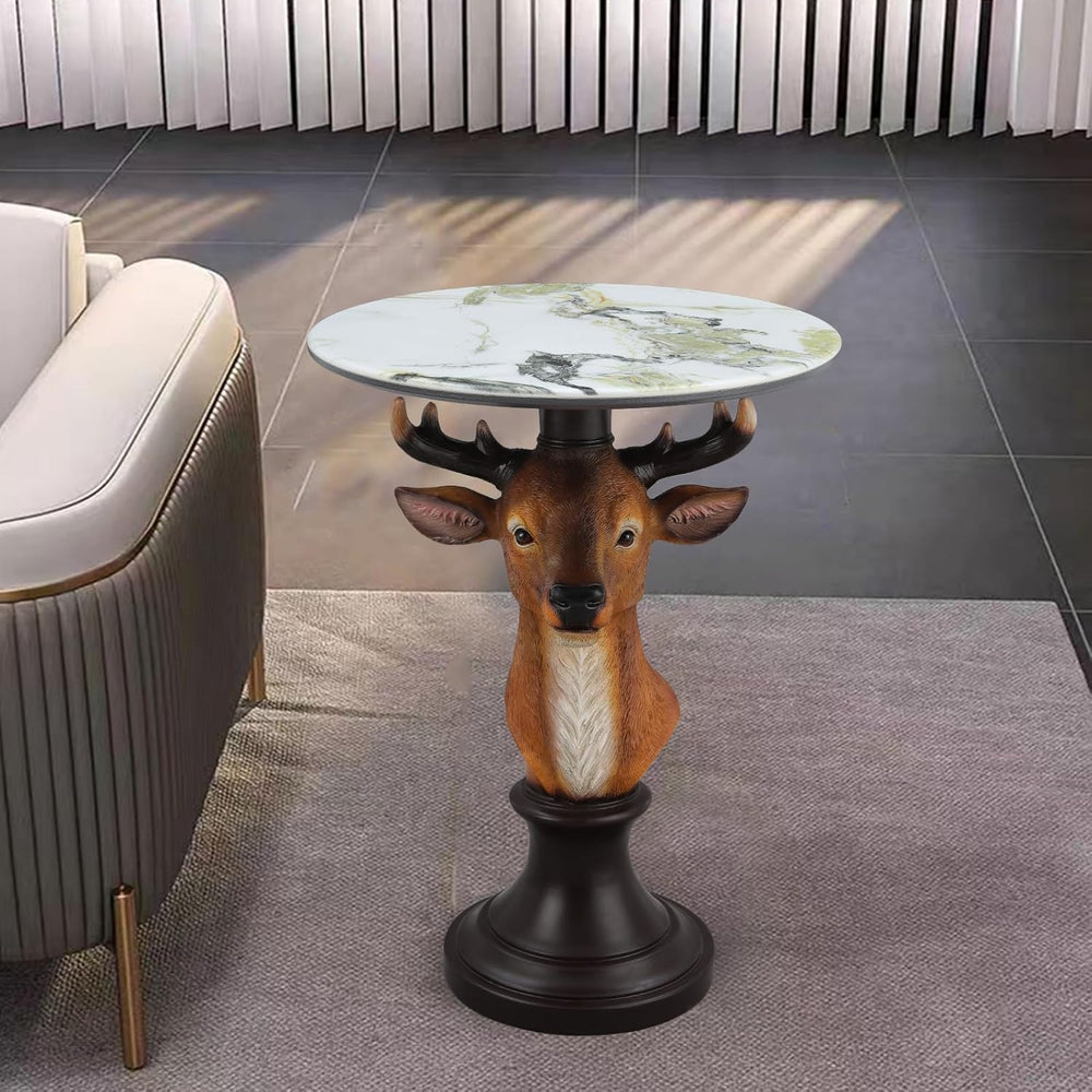 Deer Head Accent Table with Resin Animal Statue, Round Faux Marble End Tables...