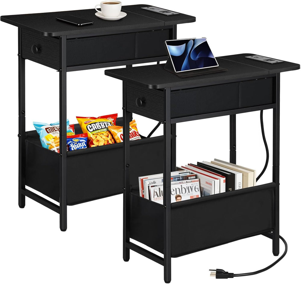 Long Narrow Side Tables Set of 2 with Charging Station, Slim Nightstand with ...