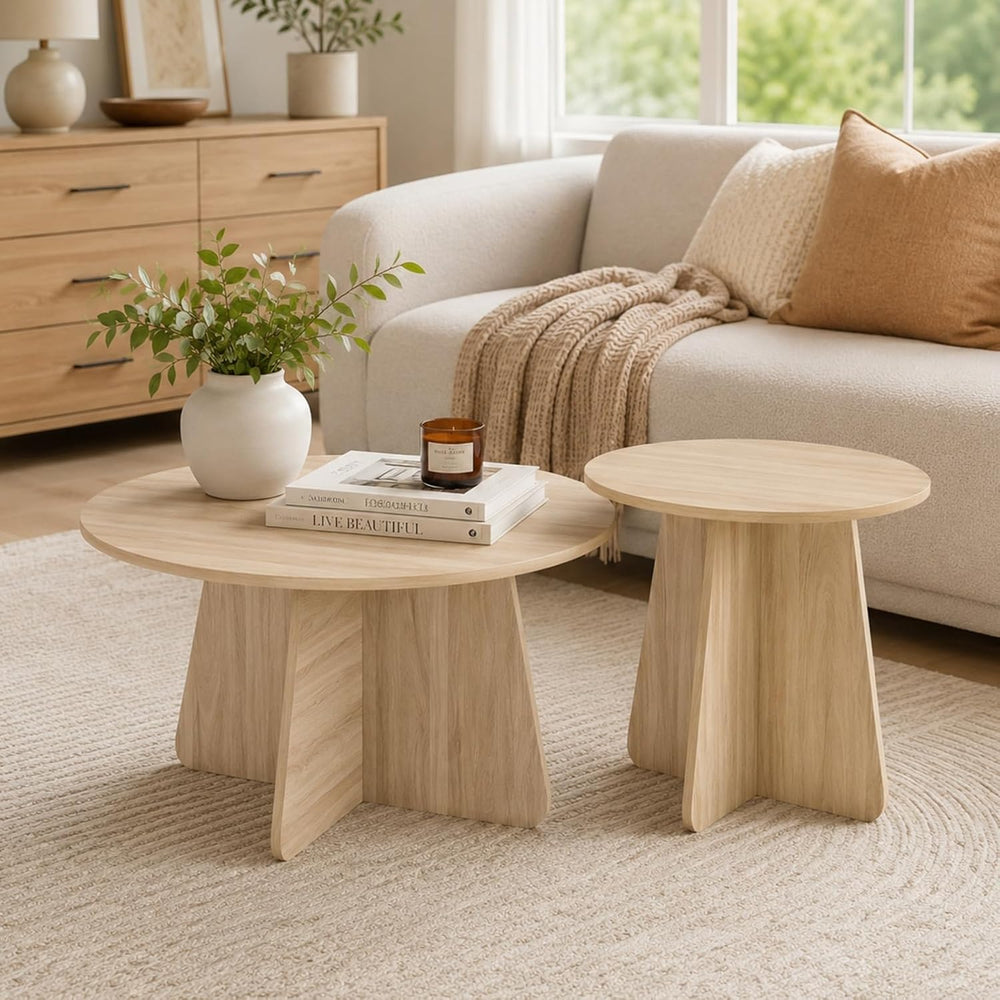 Round Wooden Coffee & Side Tables with Tapered Base, Wood | Nesting Coffe...