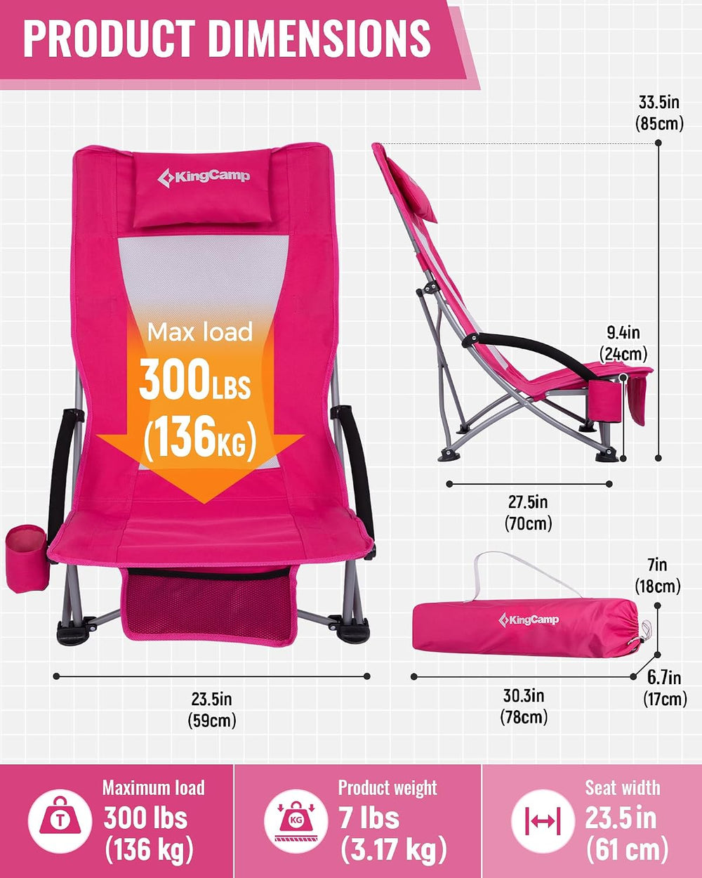 KingCamp Low Beach Chair, High Back Folding Camping Chair for Adults, Oversiz...