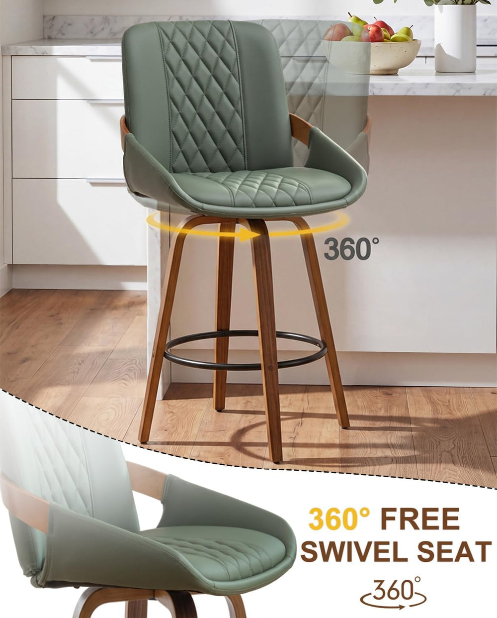 AQG Bar Stools Set of 2, Mid Century Modern Retro Swivel Counter Height Bar C...