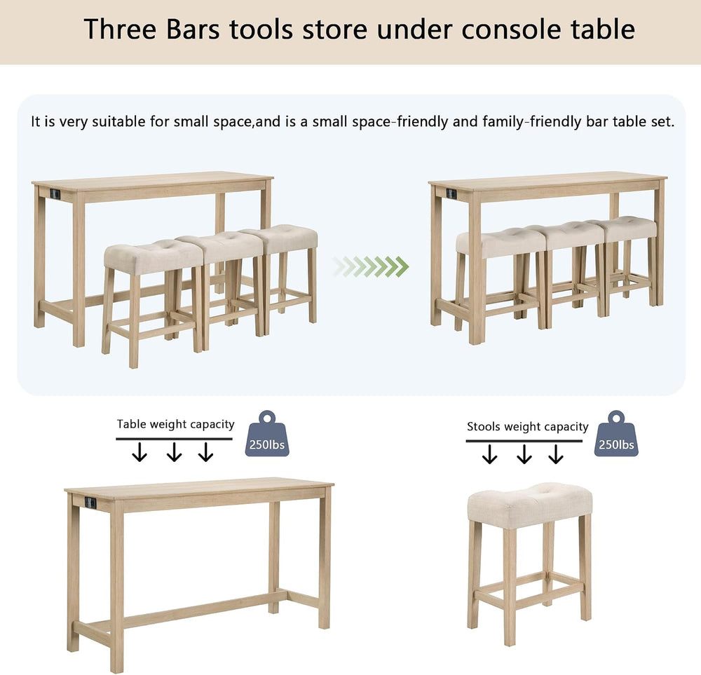 LKTART Bar Table and Chairs Set of 4, Bar Height Dining Table Set with Power ...