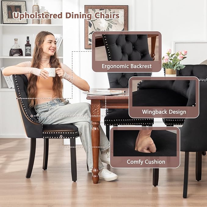 Velvet Dining Chairs Set of 4, Upholstered Dining Room Chairs with Nailhead R...