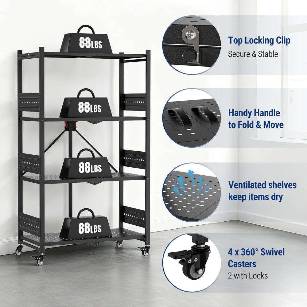 WORKPRO 4-Tier Folding Shelf, No-Assembly Metal Storage Rack with Wheels, 600...