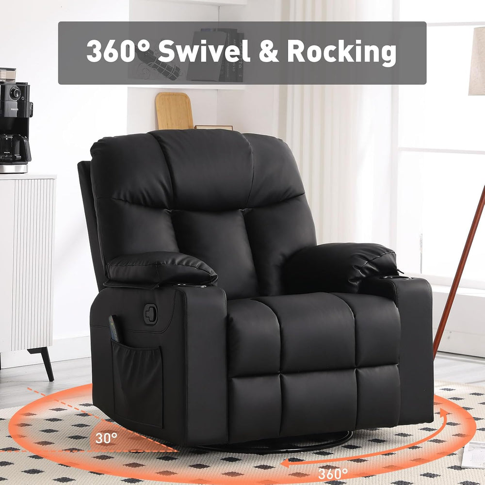 Bonzy Home Oversized Swivel Rocker Recliner, Rocking Recliner Chair, Black