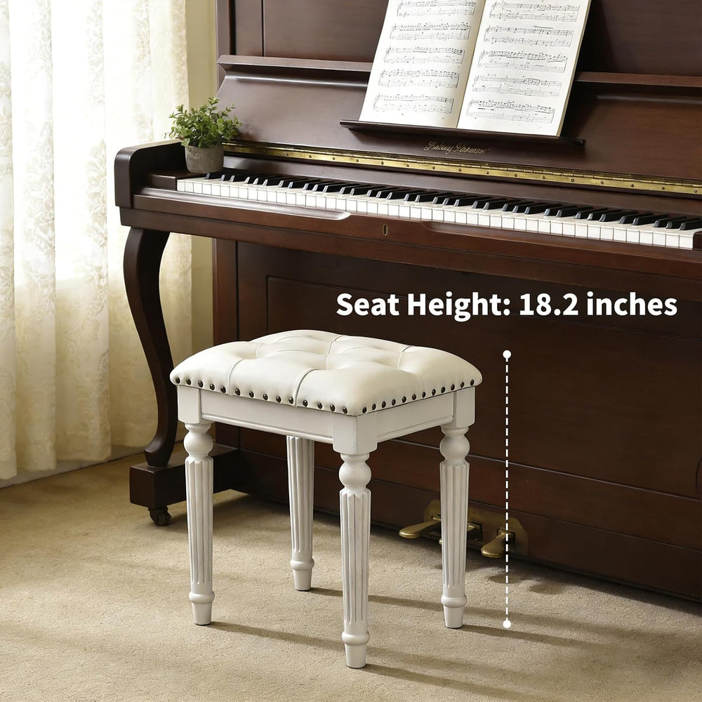 Vanity Bench Seating, Victorian Backless Vanity Stool, White Faux Leather | B...