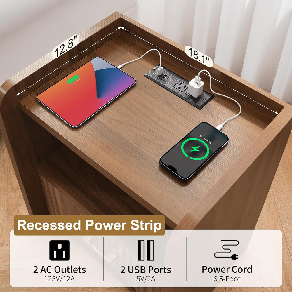 Night Stand with Charger Station - Modern Wood Nightstand with Drawer Storage...