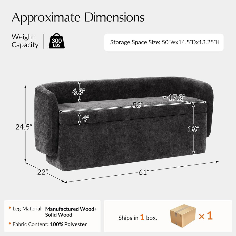 HULALA HOME 61" Bedroom Storage Bench with Low Backrest, Black | Upholst...